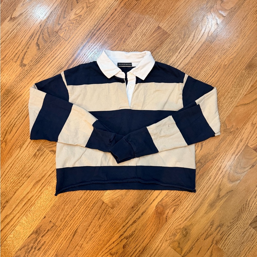 Brandy Melville Navy and Cream Rugby Shirt